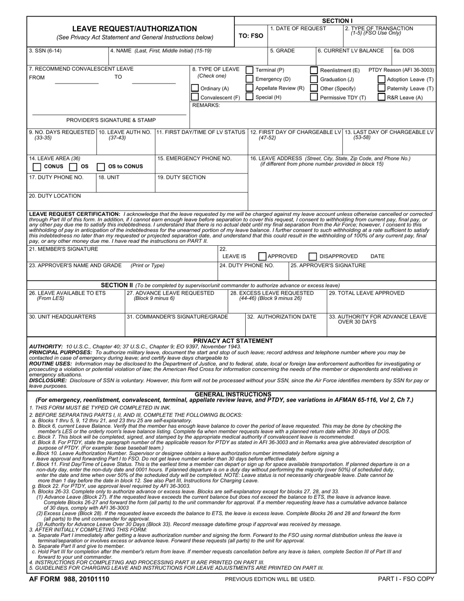 AF Form 988 Leave Request / Authorization, Page 1