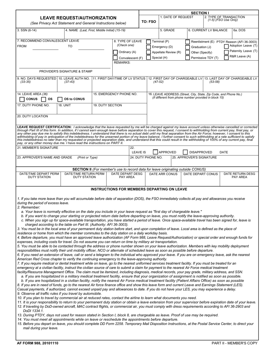 AF Form 988 Leave Request / Authorization, Page 2