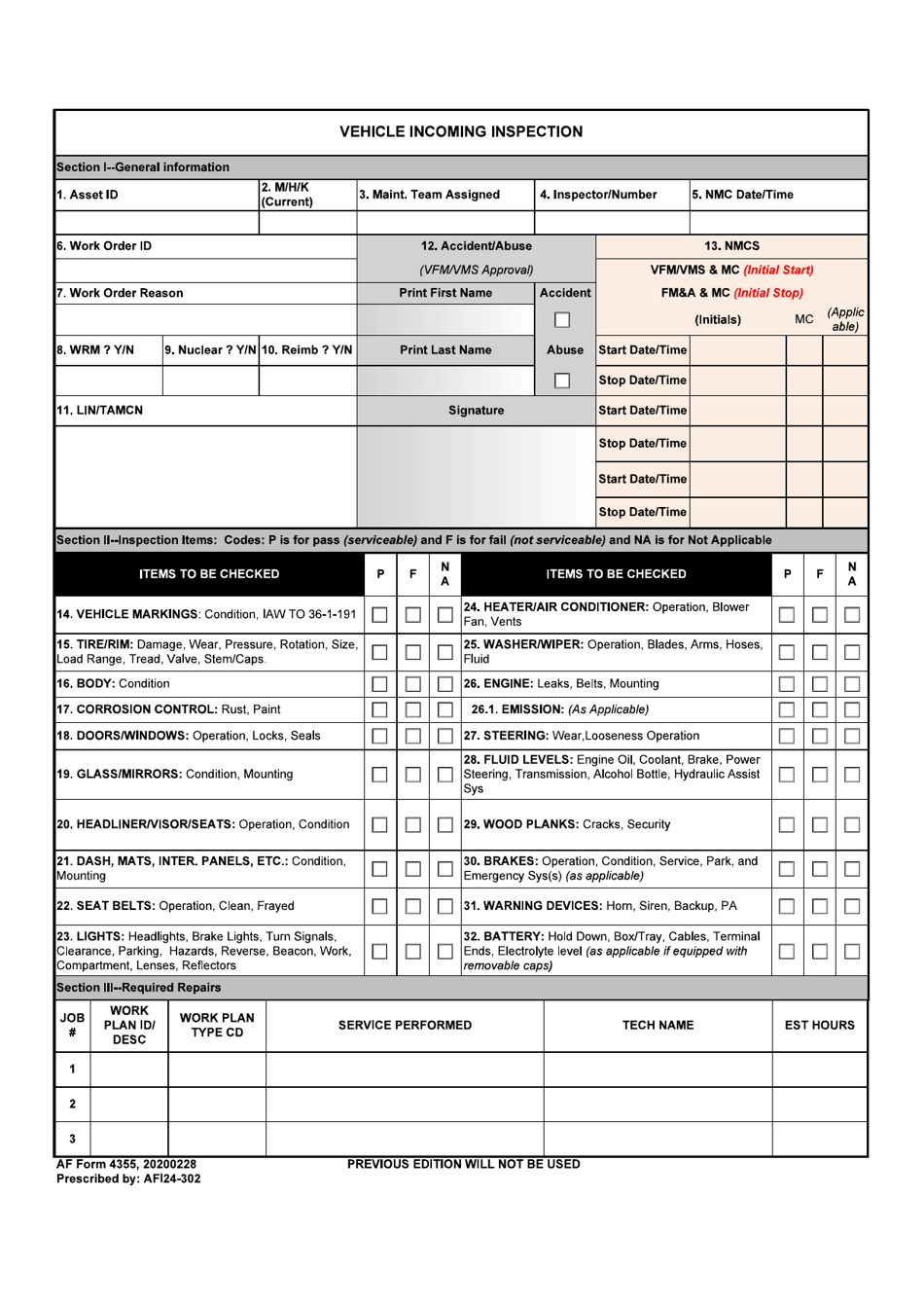 AF Form 4355 Vehicle Incoming Inspection, Page 1