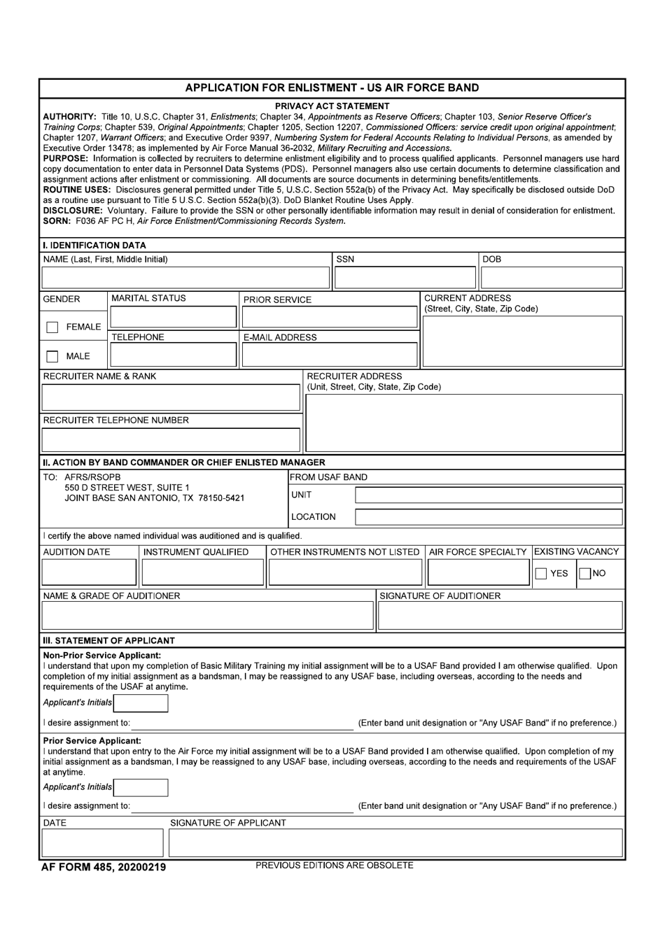 AF Form 485 Application for Enlistment - US Air Force Band, Page 1