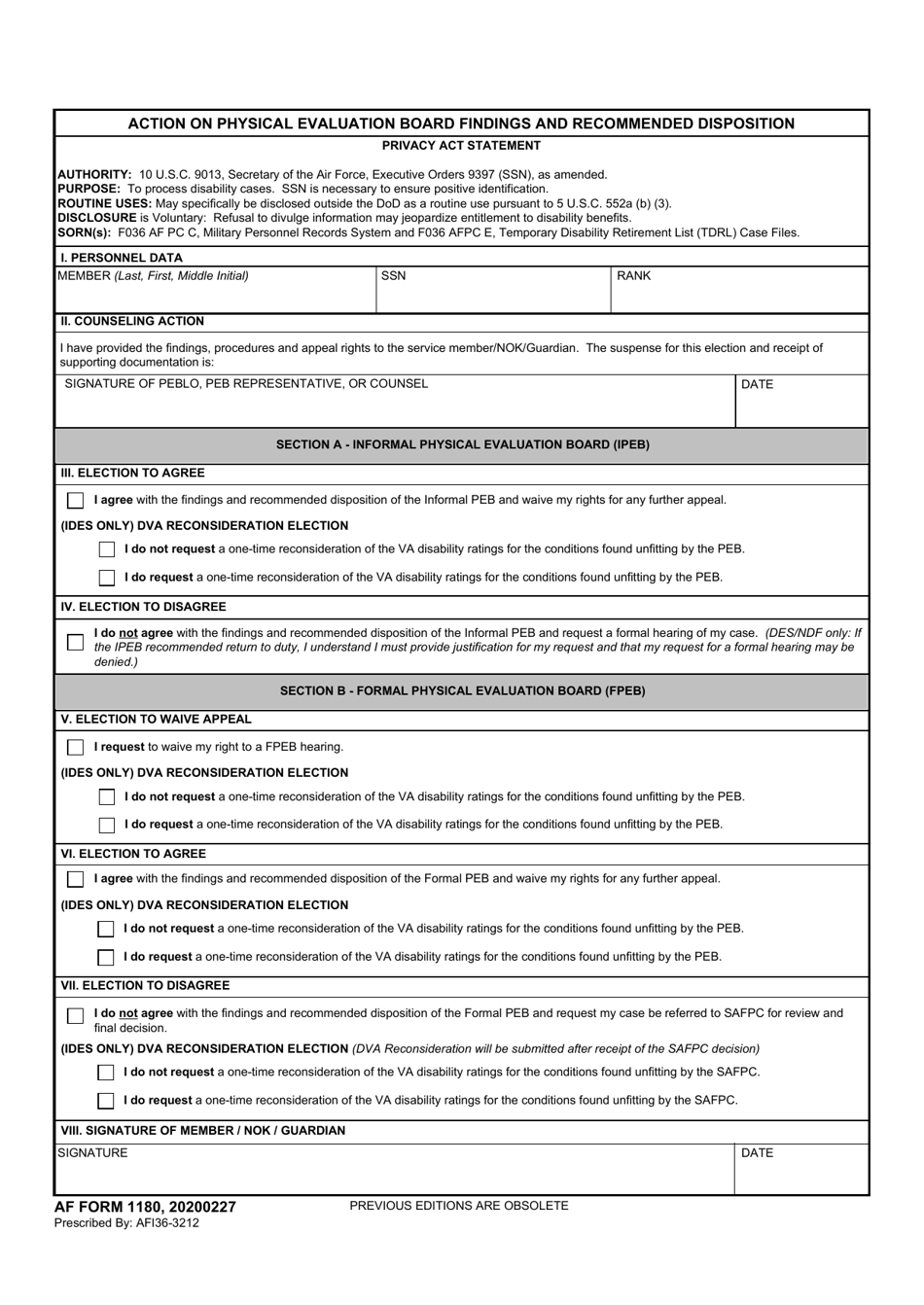 AF Form 1180 Action on Physical Evaluation Board Findings and Recommended Disposition, Page 1