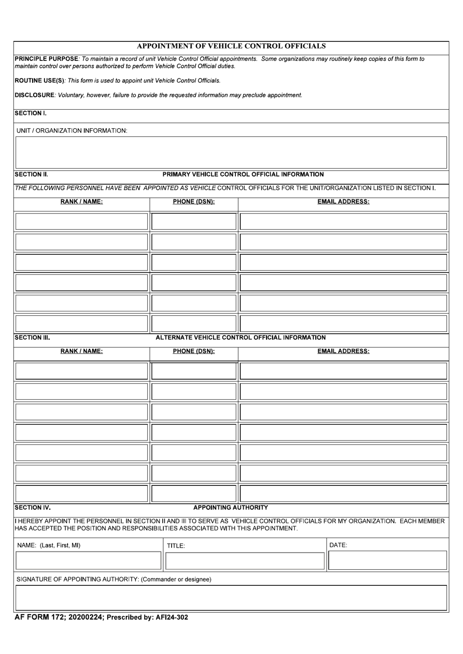 AF Form 172 Appointment of Vehicle Control Officials, Page 1