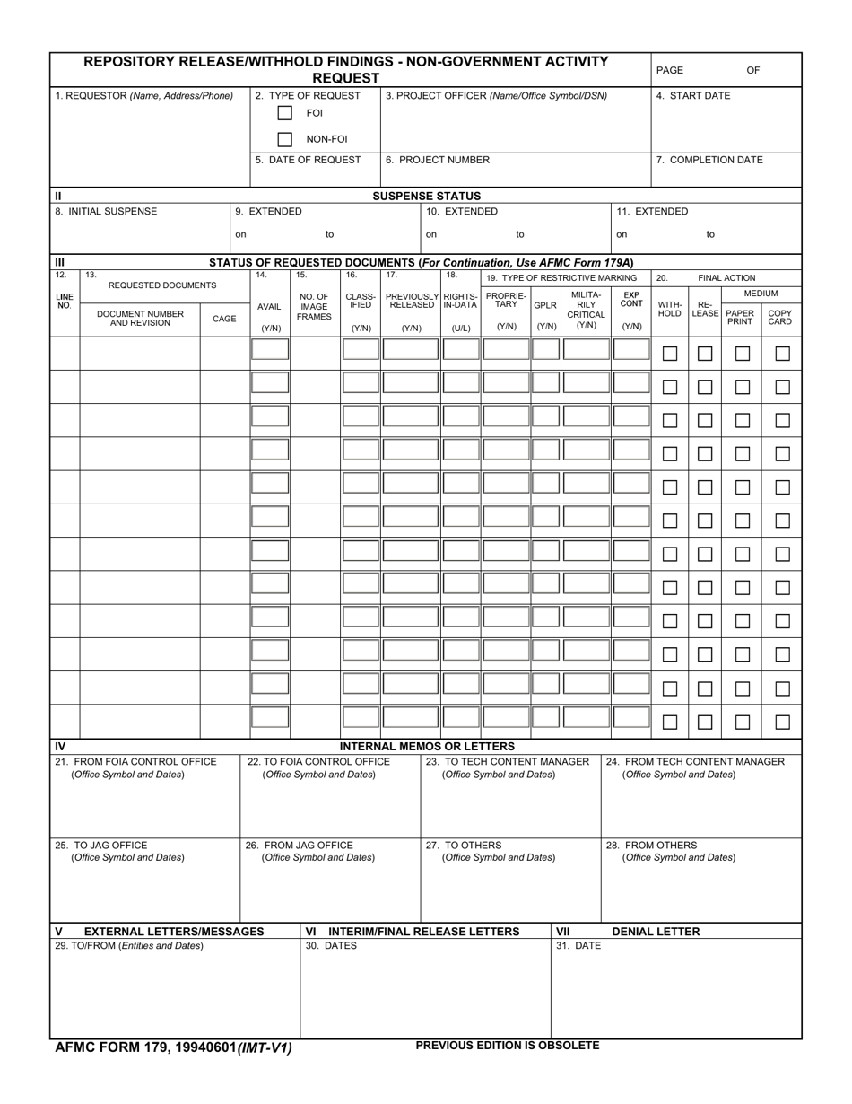 AFMC Form 179 Repository Release / Withhold Findings - Non-government Activity Request, Page 1