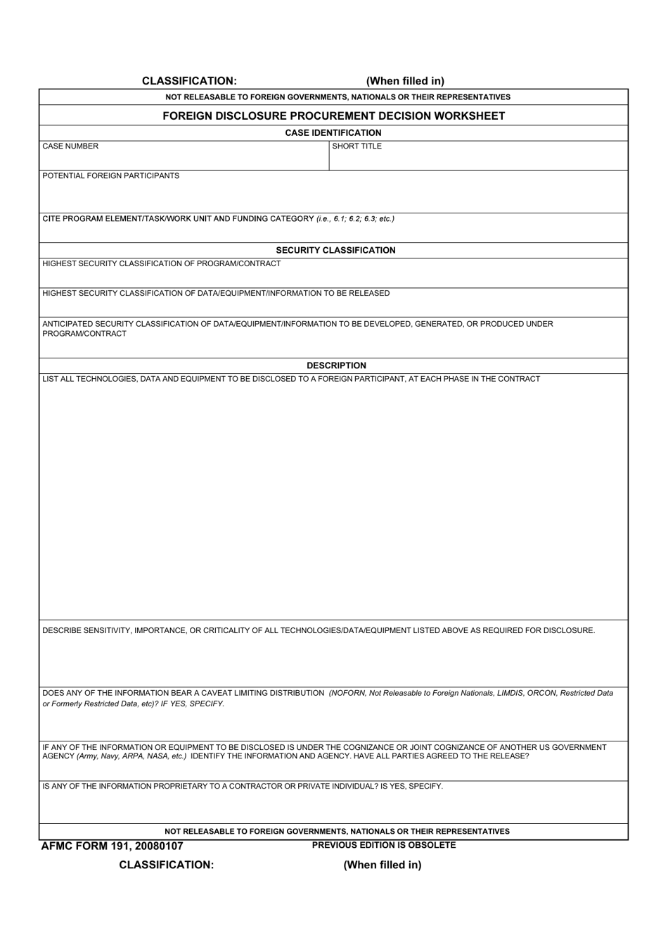 AFMC Form 191 Foreign Disclosure Procurement Decision Worksheet, Page 1