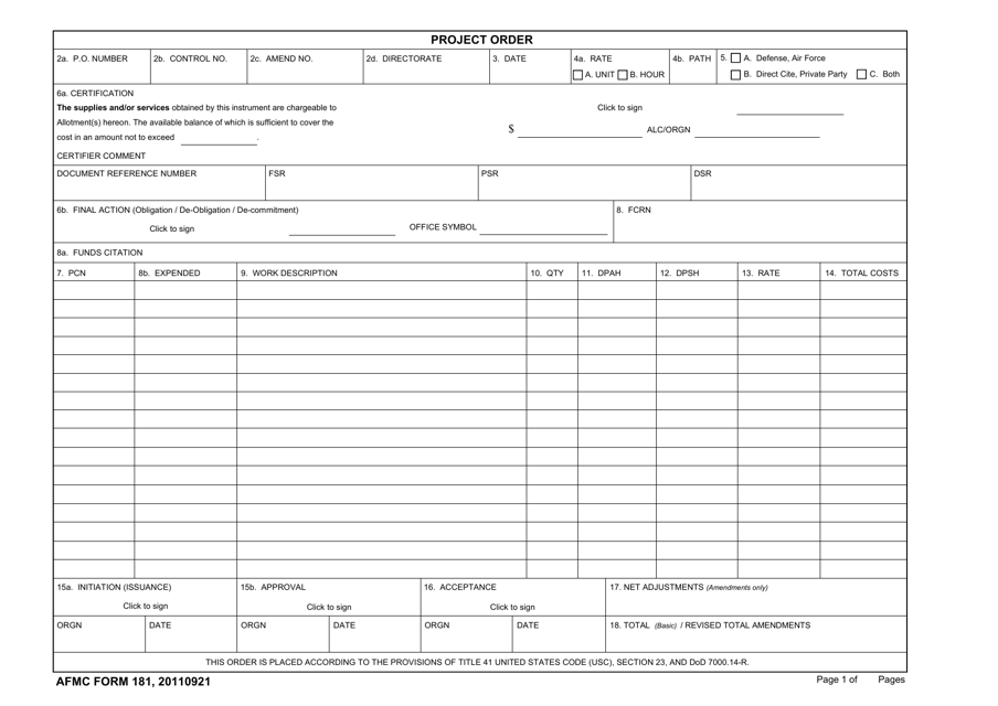 AFMC Form 181 Project Order