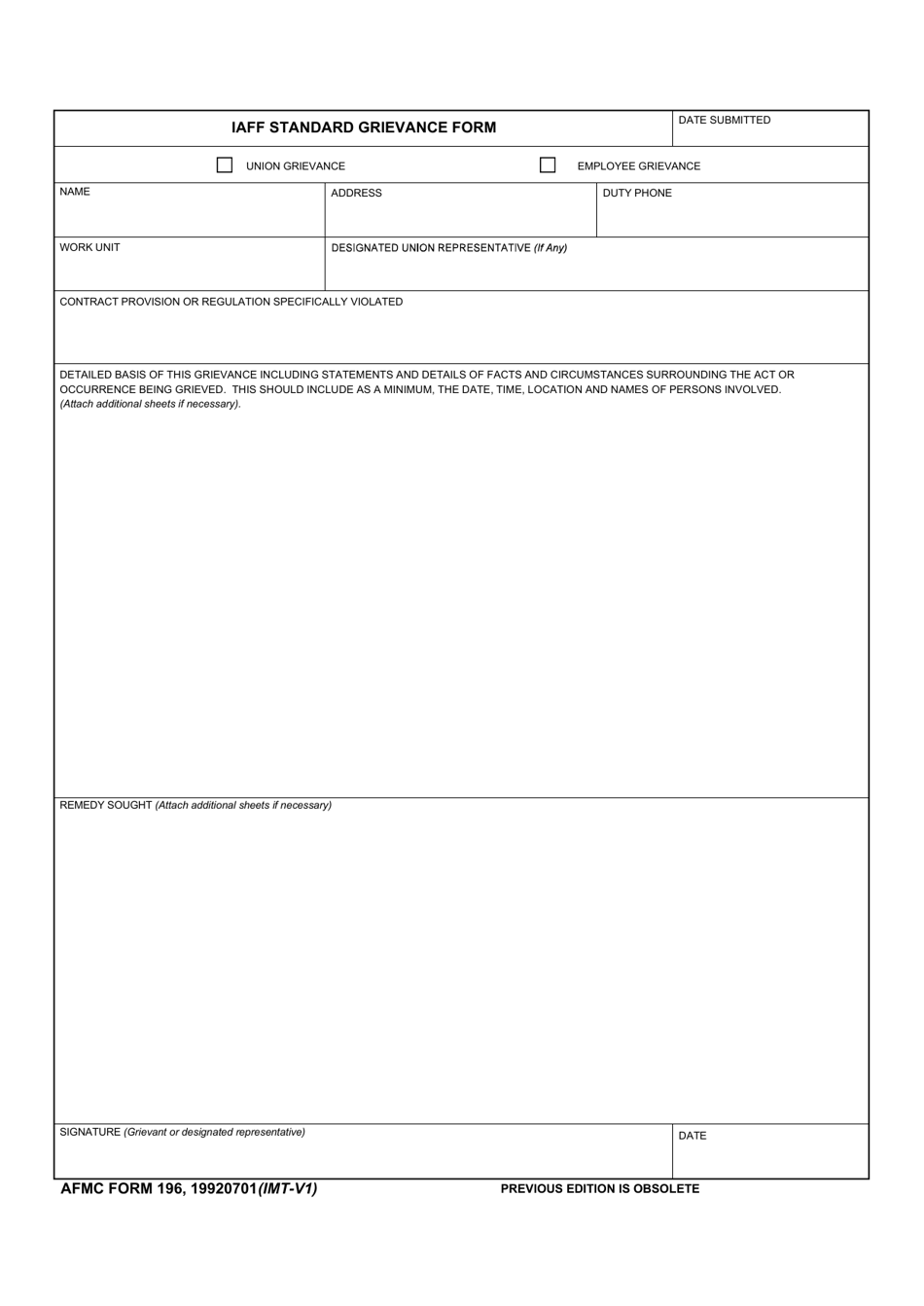 AFMC Form 196 Iaff Standard Grievance Form, Page 1