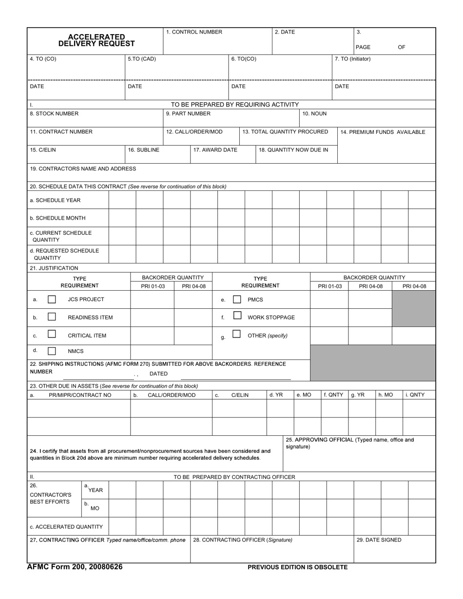 AFMC Form 200 Accelerated Delivery Request, Page 1