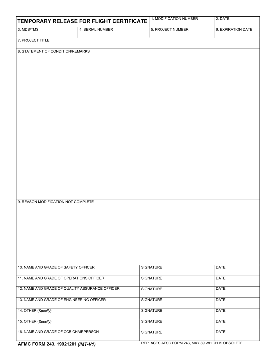 AFMC Form 243 Temporary Release for Flight Certificate, Page 1