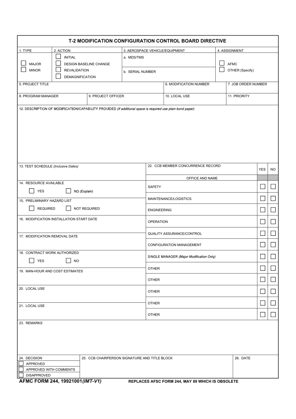 AFMC Form 244 T-2 Modification Configuration Control Board Directive, Page 1