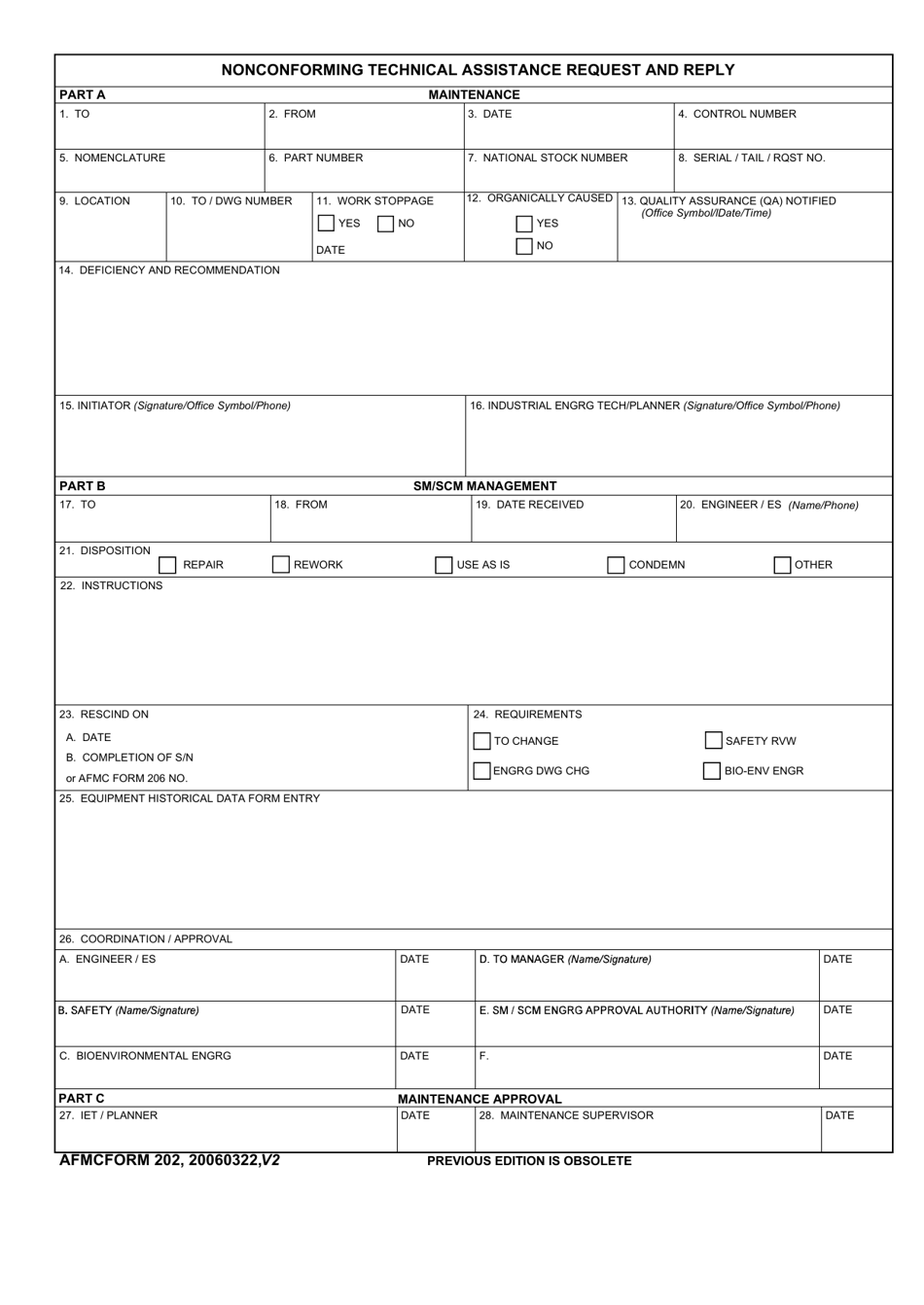 AFMC Form 202 Nonconforming Technical Assistance Request and Reply, Page 1