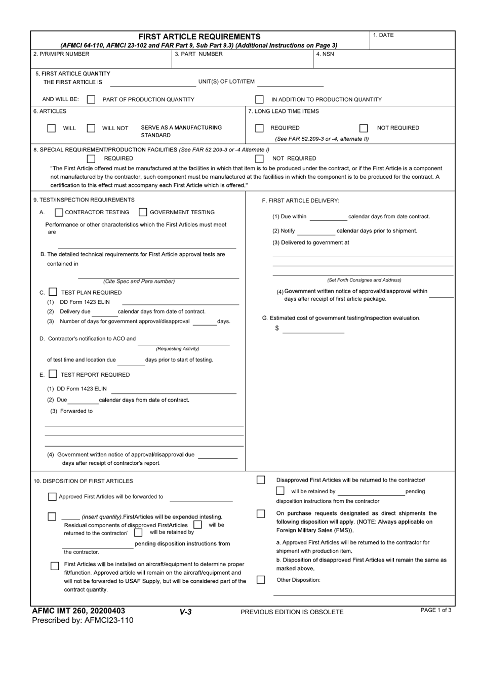 AFMC IMT Form 260 First Article Requirements, Page 1