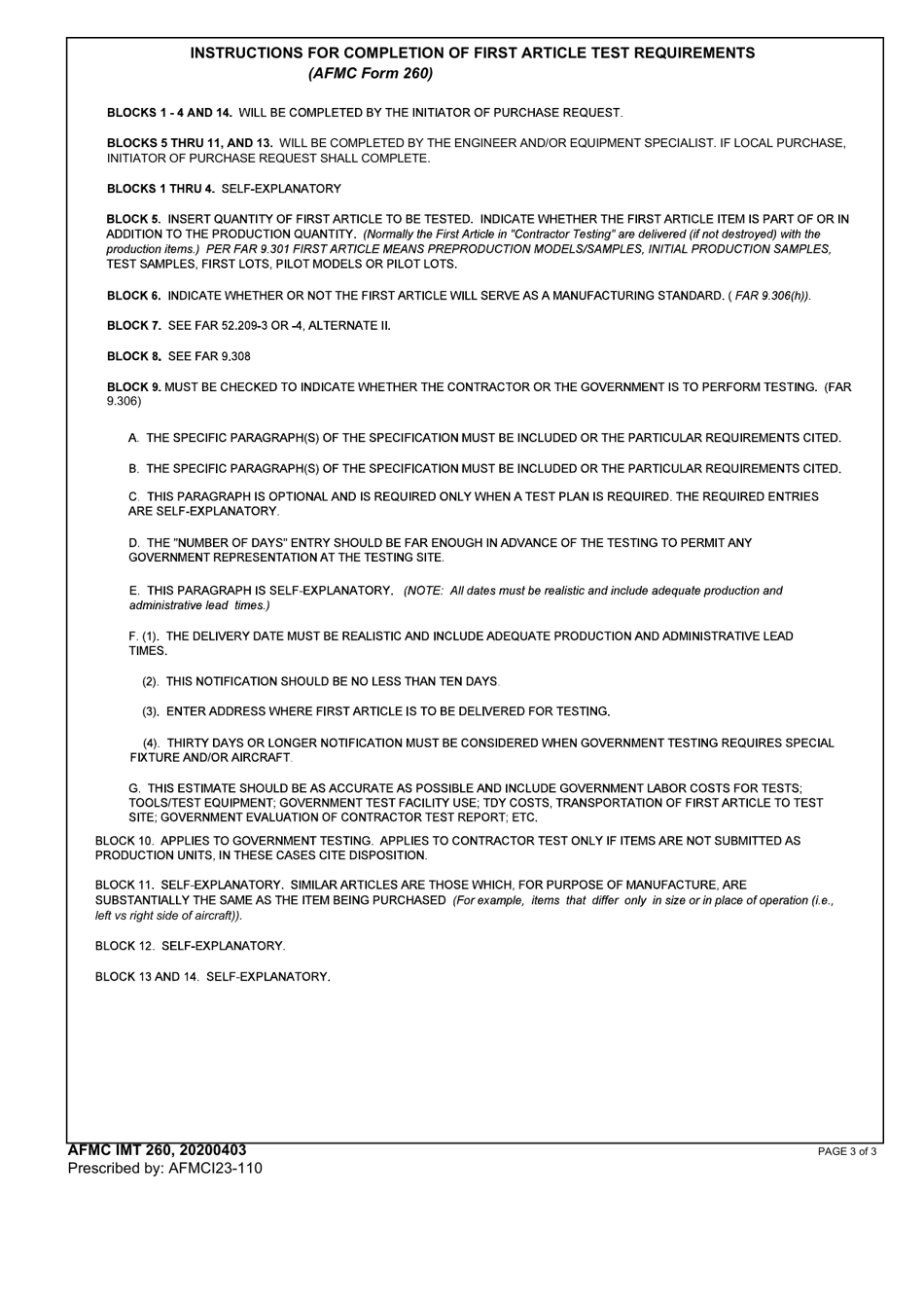AFMC IMT Form 260 First Article Requirements, Page 3