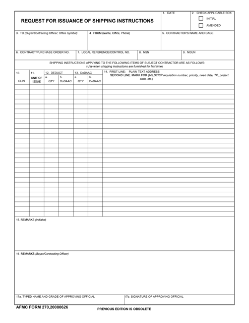 AFMC Form 270 Request for Issuance of Shipping Instructions
