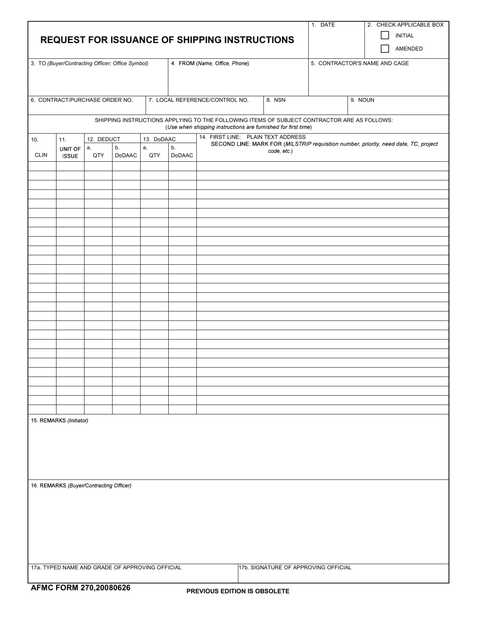 AFMC Form 270 Request for Issuance of Shipping Instructions, Page 1