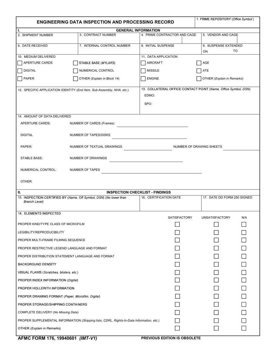 AFMC Form 176 Engineering Data Inspection and Processing Record, Page 1