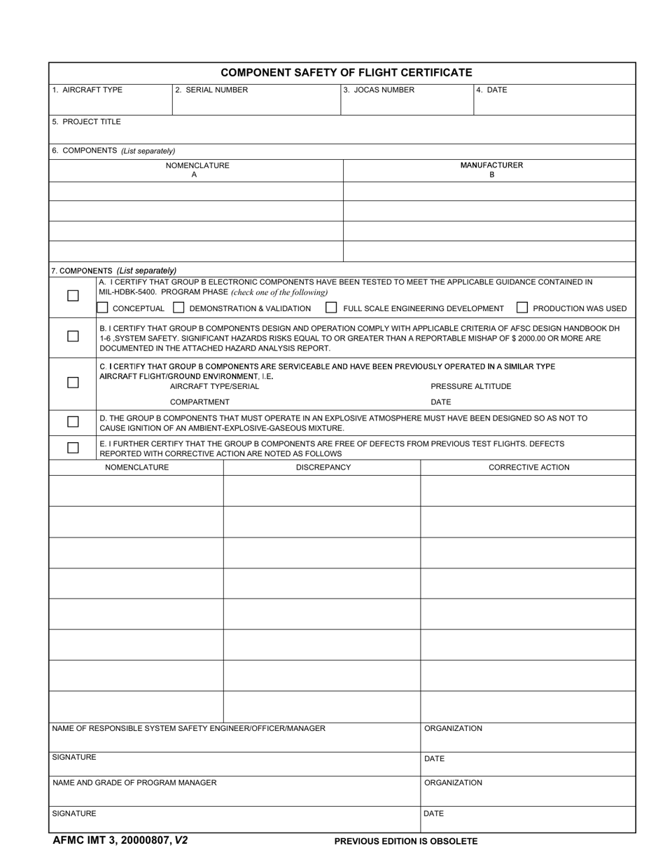 AFMC IMT Form 3 Component Safety of Flight Certificate, Page 1