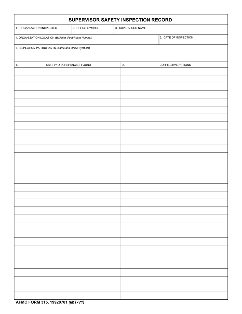 AFMC Form 315 Supervisor Safety Inspection Record, Page 1