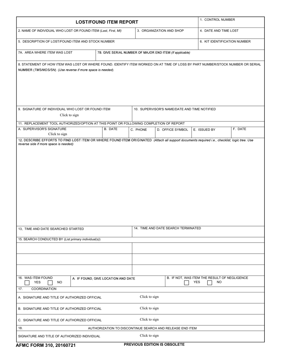 AFMC Form 310 Lost / Found Item Report, Page 1