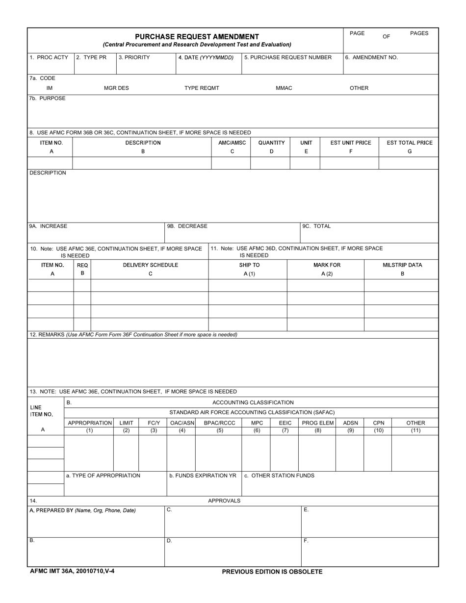 AFMC IMT Form 36A Purchase Request Amendment, Page 1