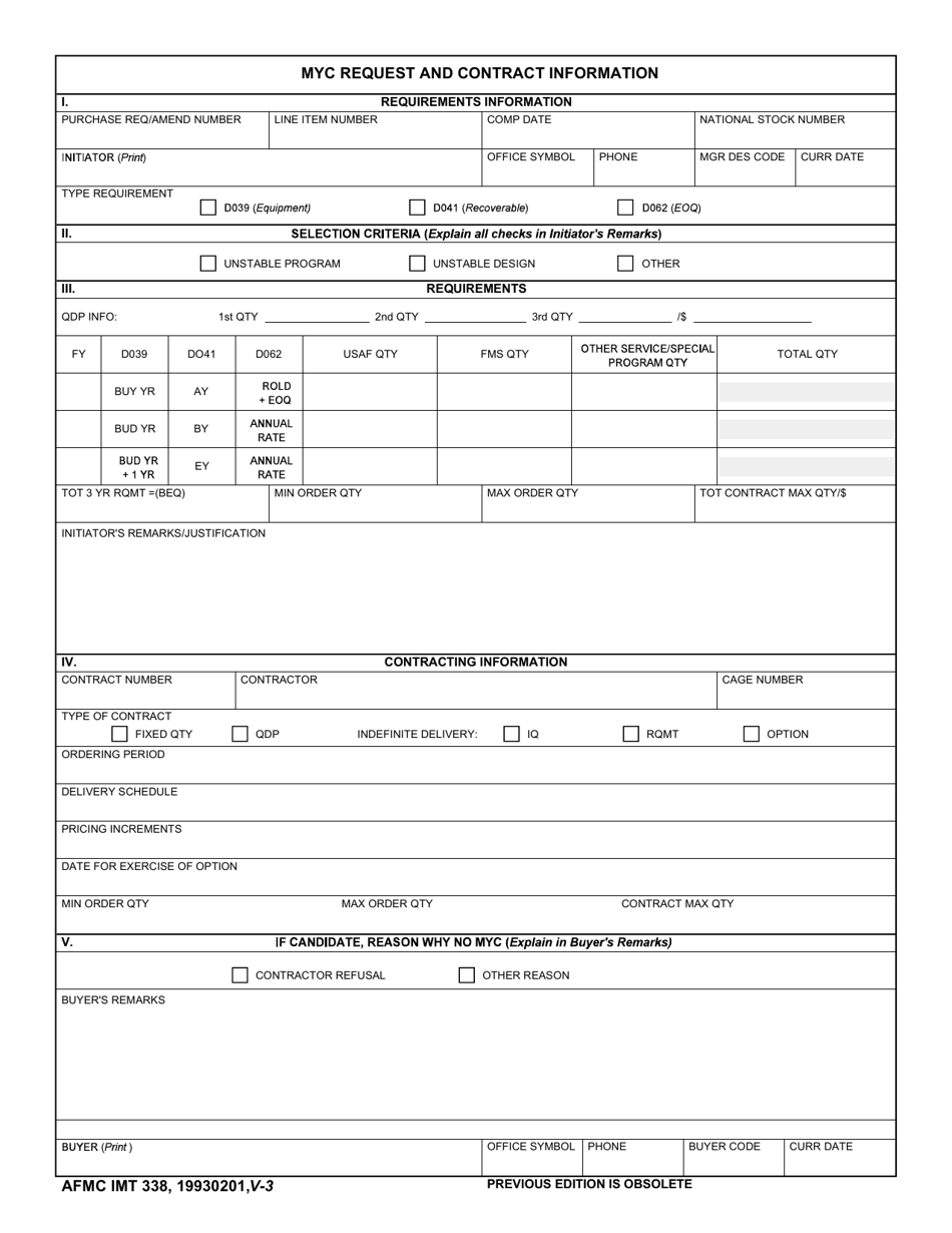 AFMC IMT Form 338 Myc Request and Contract Information, Page 1