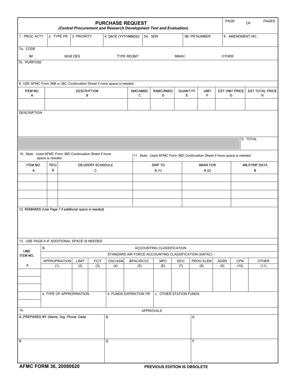 AFMC Form 36 Purchase Request, Page 1