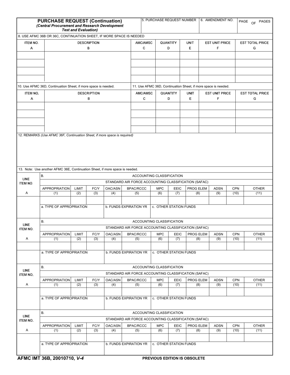 AFMC IMT Form 36B Purchase Request (Continuation), Page 1