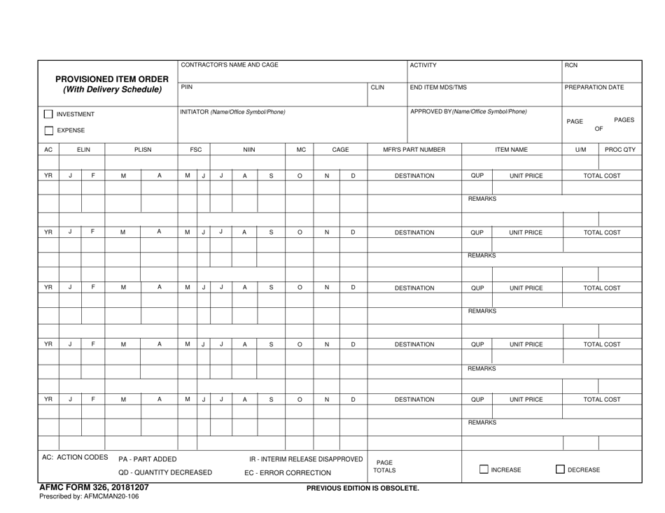 AFMC Form 326 Provisioned Item Order (With Delivery Schedule), Page 1