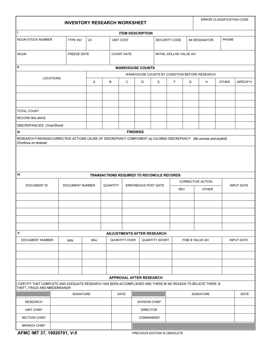 AFMC IMT Form 37 Inventory Research Worksheet, Page 1
