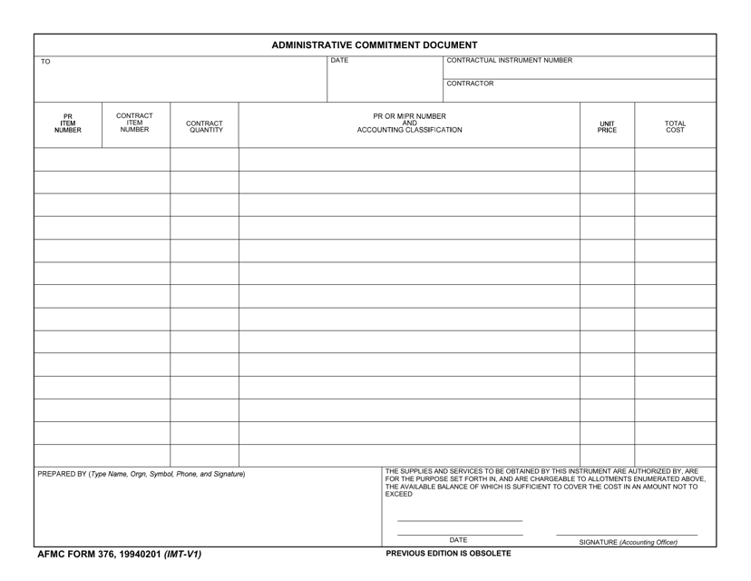 AFMC Form 376 Administrative Committment Document