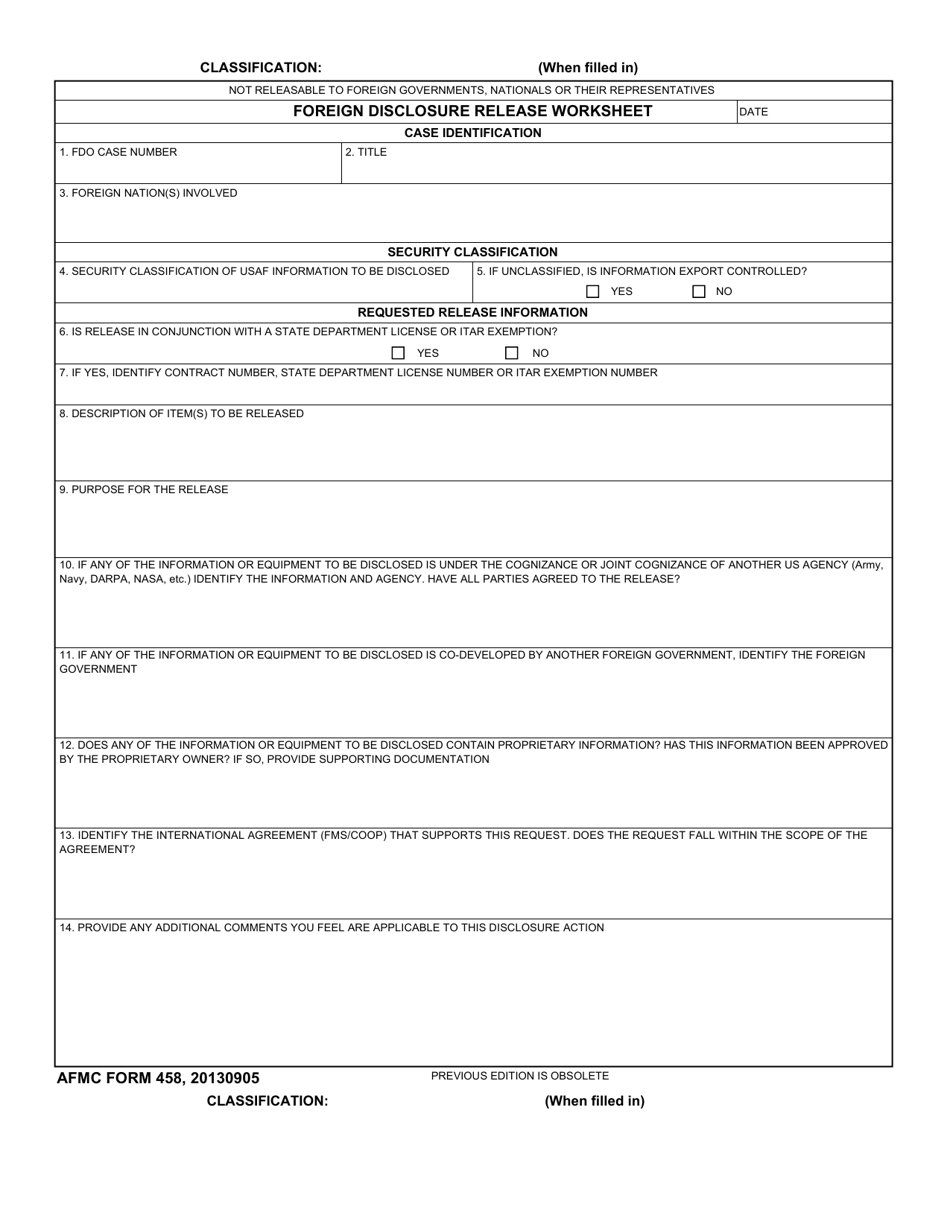 AFMC Form 458 Foreign Disclosure Release Worksheet, Page 1