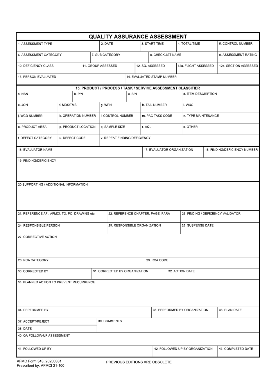 AFMC Form 343 Quality Assurance Assessment, Page 1