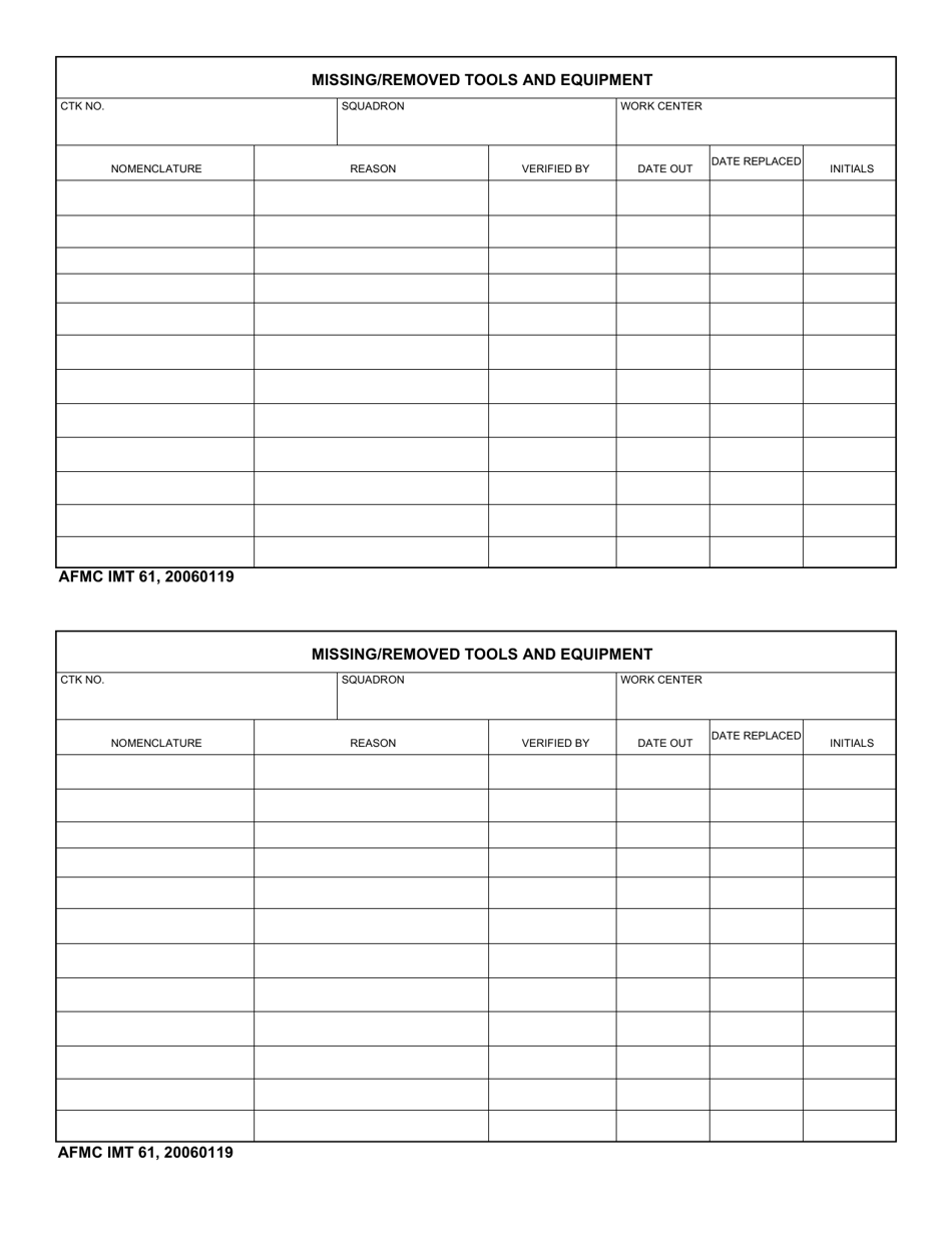 AFMC IMT Form 61 Missing / Removed Tools and Equipment, Page 1