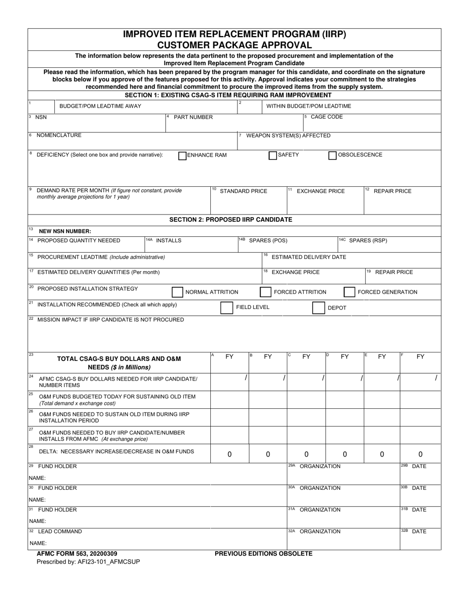 AFMC Form 563 Improved Item Replacement Program (Iirp) Customer Package Approval, Page 1