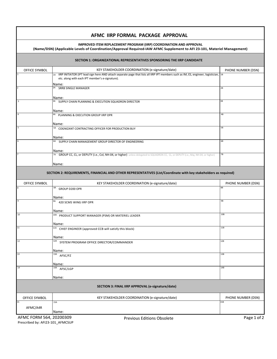 AFMC Form 564 Afmc Iirp Formal Package Approval, Page 1