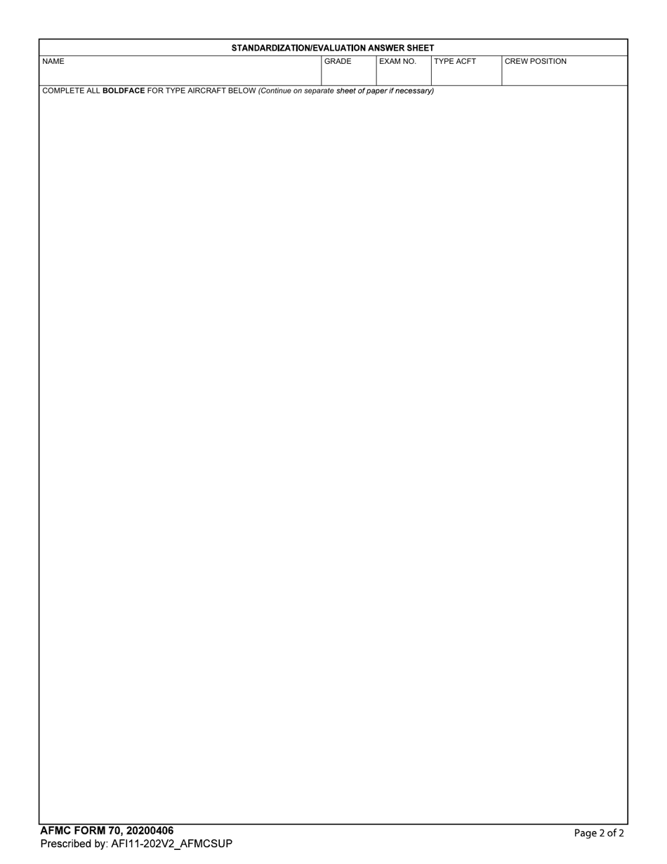AFMC Form 70 Standardization / Evaluation Answer Sheet, Page 2