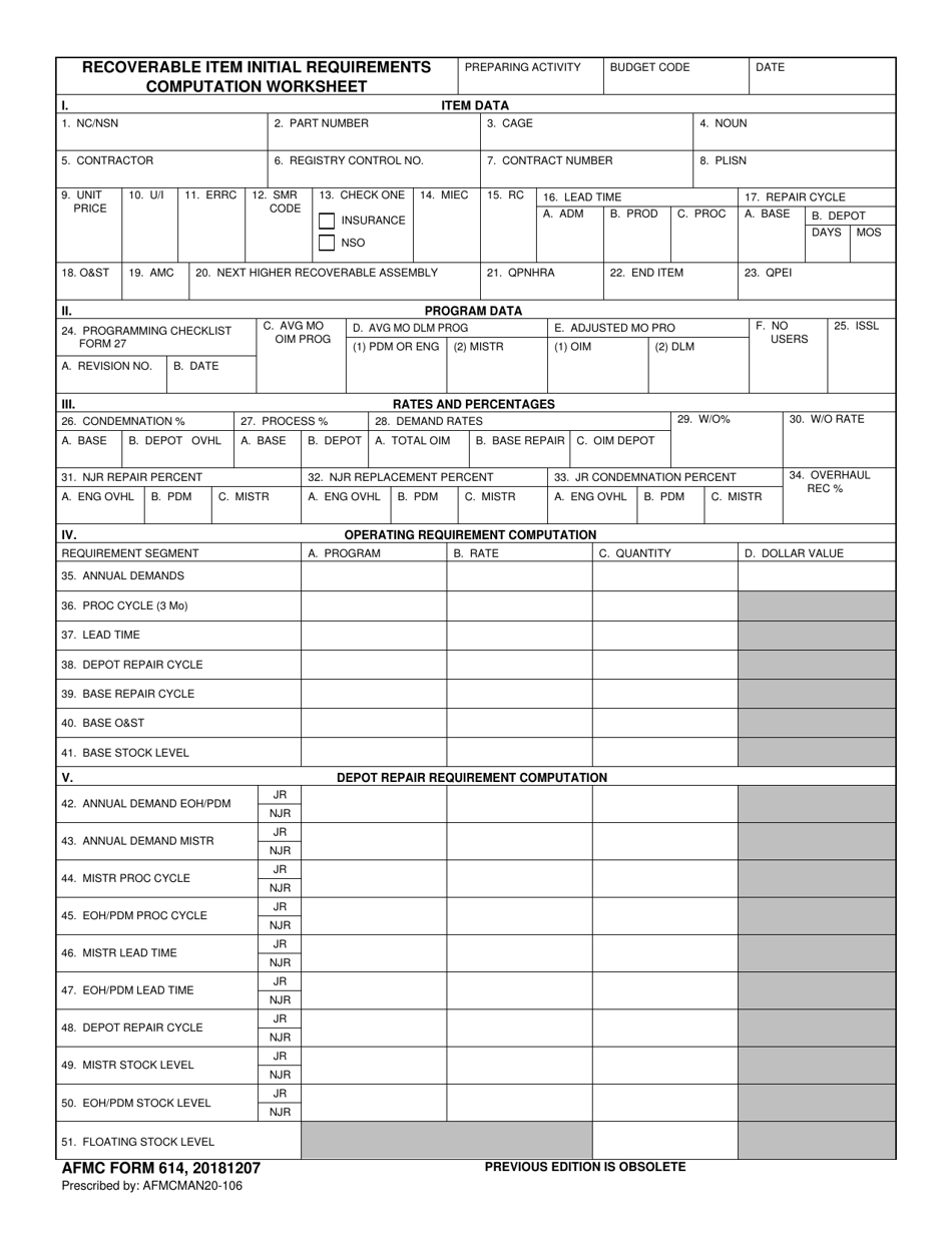 AFMC Form 614 Recoverable Item Initial Requirements Computation Worksheet, Page 1