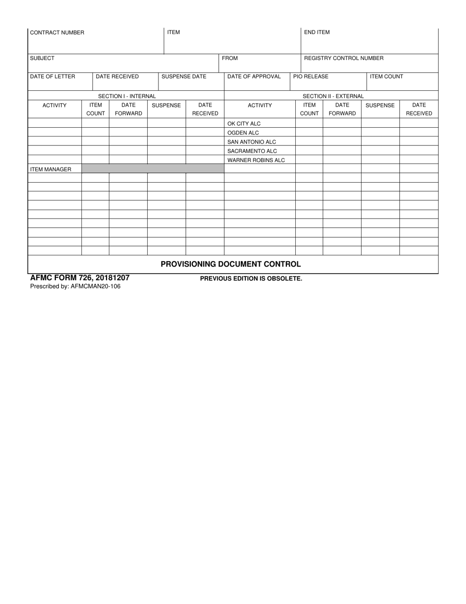 AFMC Form 726 Provisioning Document Control, Page 1