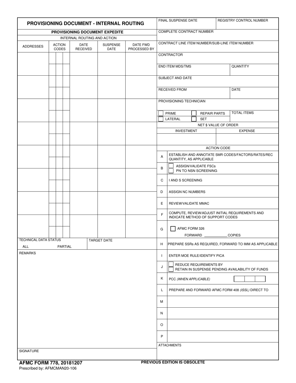 AFMC Form 778 Provisioning Document - Internal Routing, Page 1