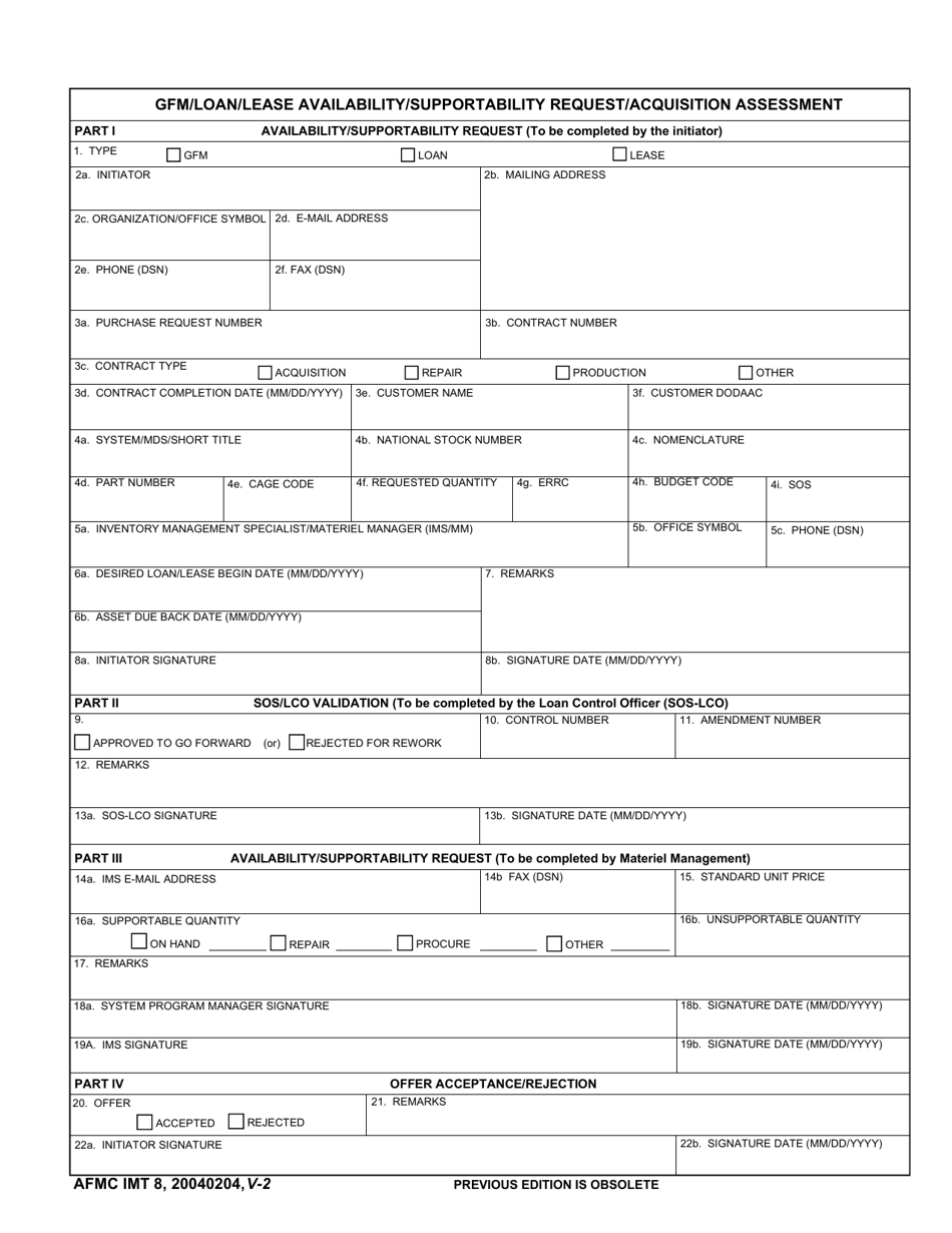 AFMC IMT Form 8 Gfm / Loan / Lease Availability / Supportability Request / Acquisition Assessment, Page 1