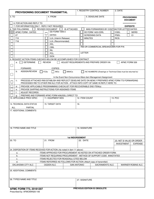 AFMC Form 773 Provisioning Document Transmittal