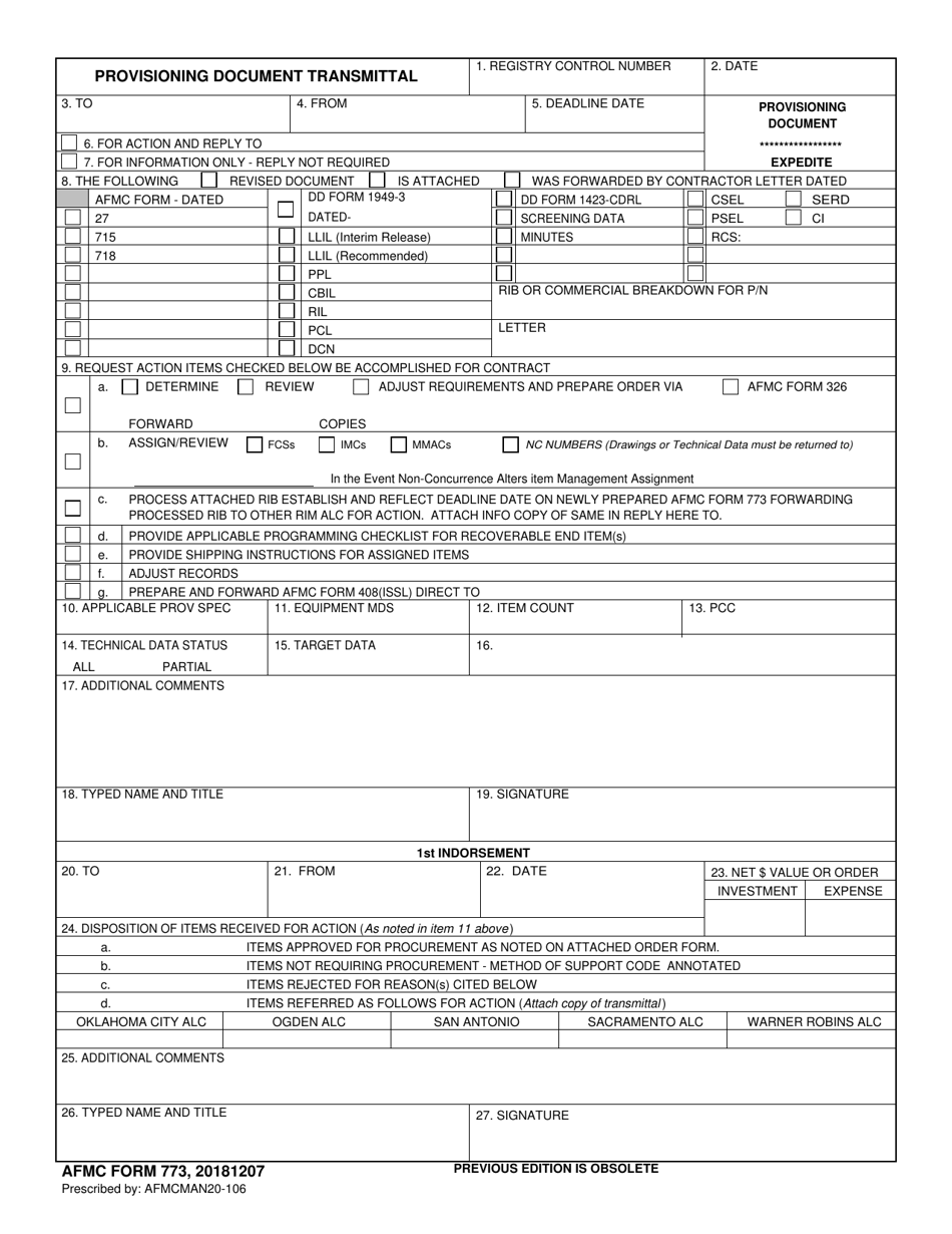 AFMC Form 773 Provisioning Document Transmittal, Page 1