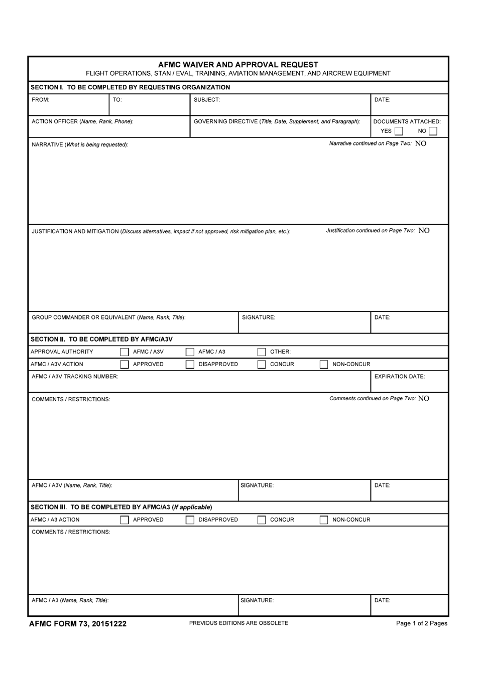 AFMC Form 73 Afmc Waiver and Approval Request, Page 1