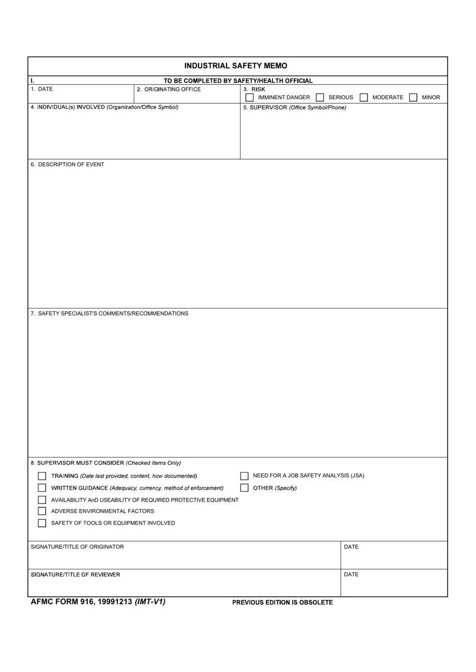 AFMC Form 916 Industrial Safety Memo, Page 1