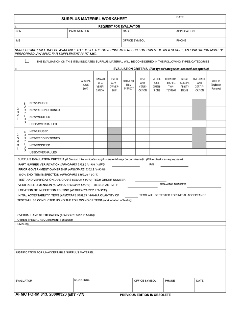 AFMC Form 813 Surplus Material Worksheet, Page 1