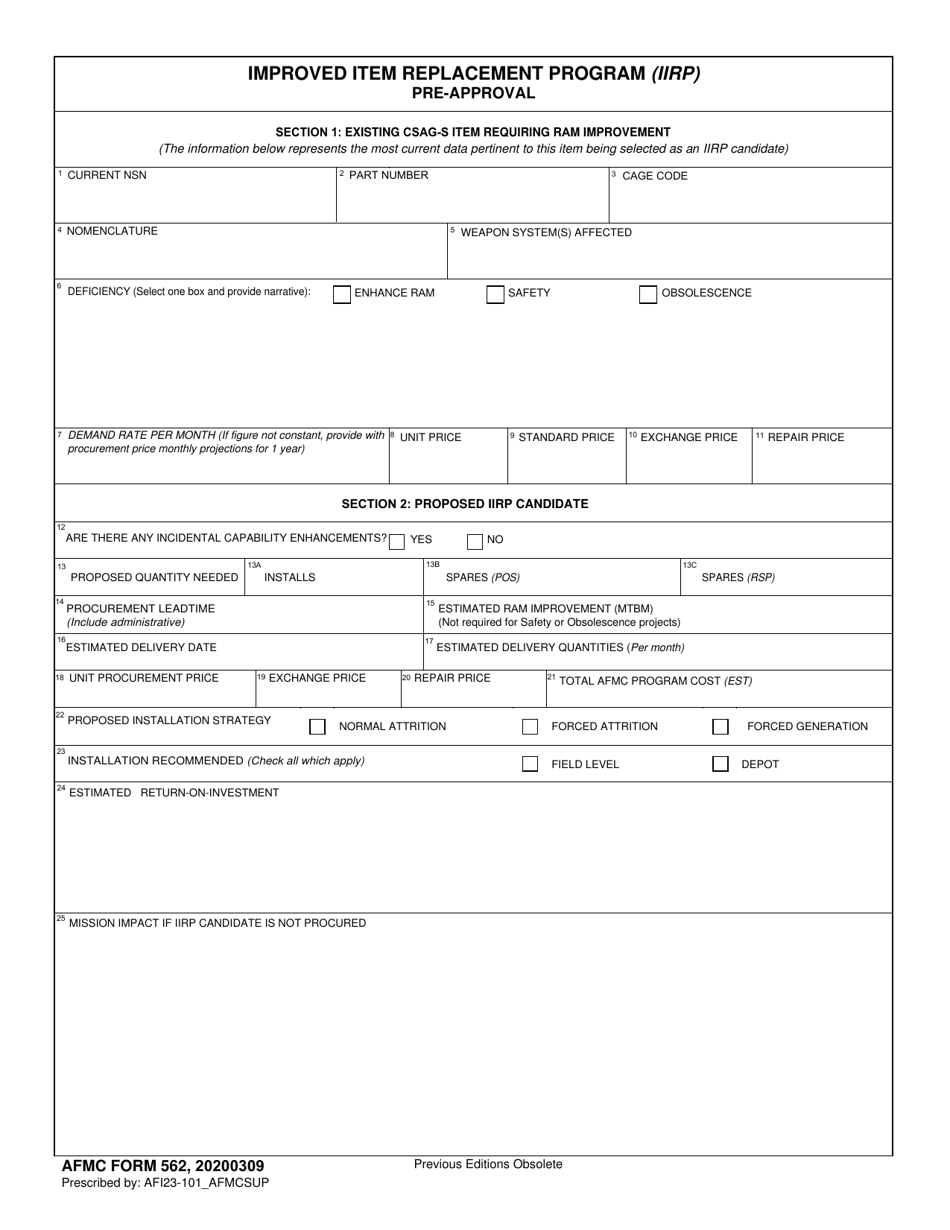 AFMC Form 562 Improved Item Replacement Program (Iirp) Pre-approval, Page 1