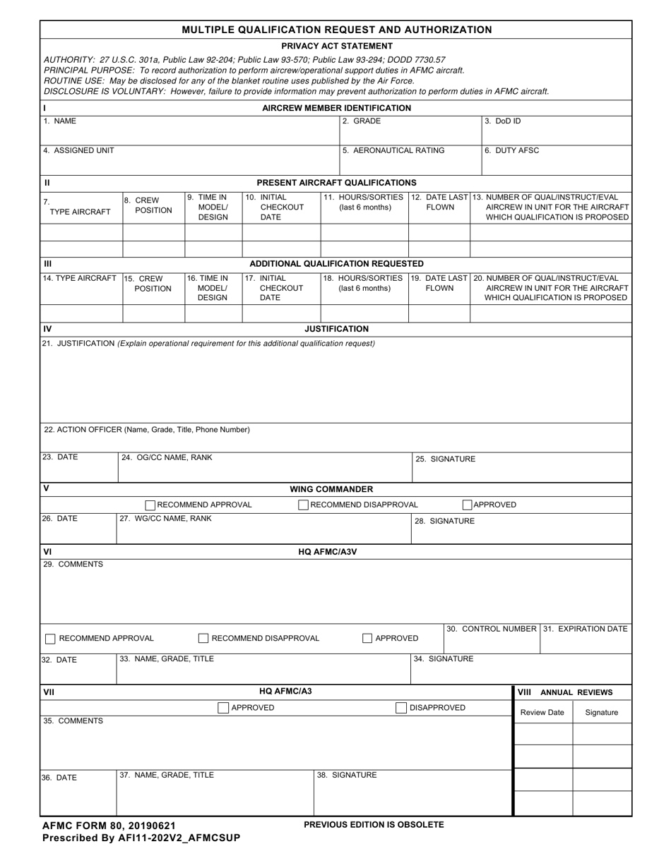 AFMC Form 80 Multiple Qualification Request and Authorization, Page 1