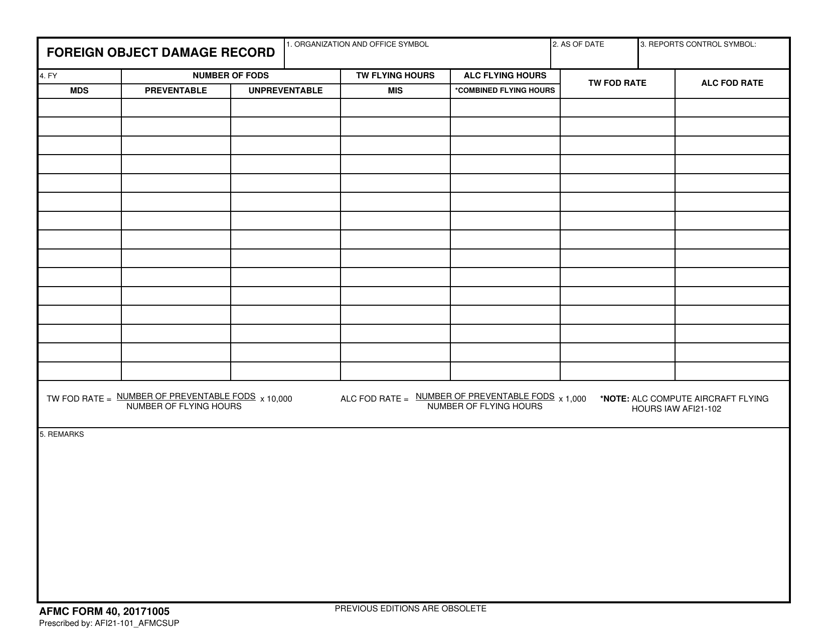 AFMC Form 40 Foreign Object Damage Record