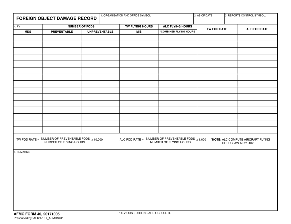 AFMC Form 40 Foreign Object Damage Record, Page 1