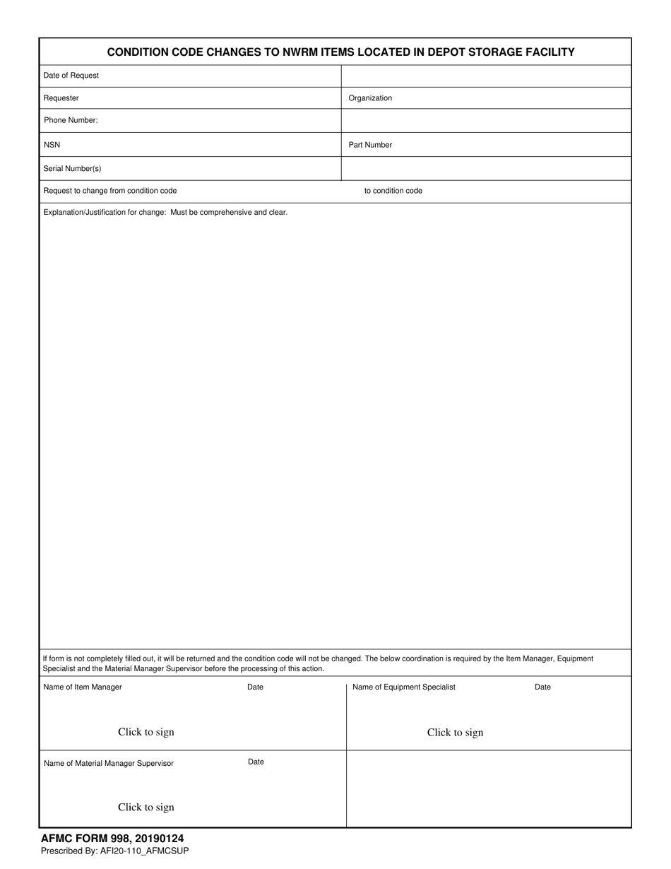 AFMC Form 998 Condition Code Changes to Nwrm Items Located in Depot Storage Facility, Page 1