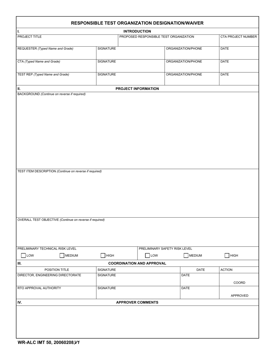 WR-ALC IMT Form 50 Responsible Test Organization Designation / Waiver, Page 1